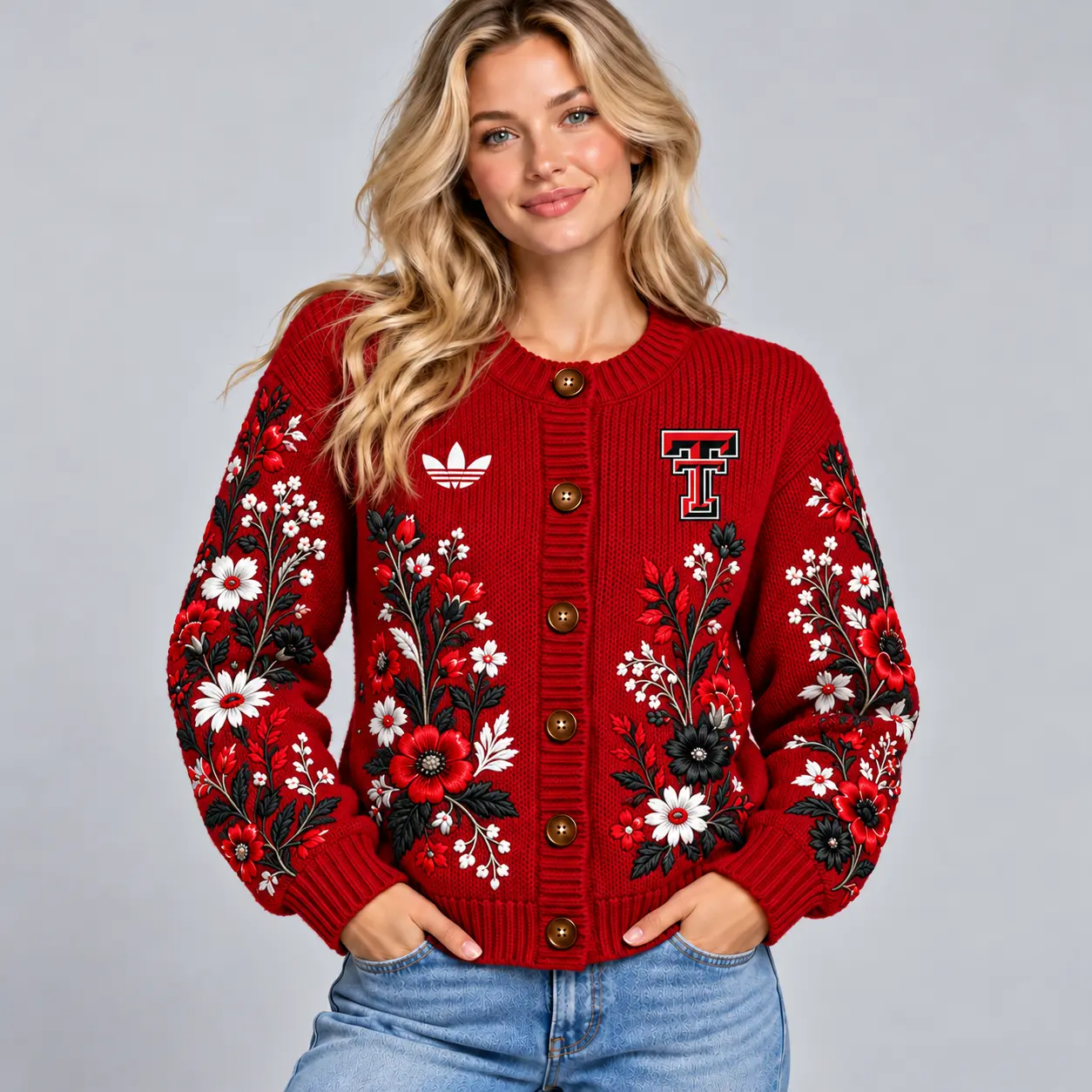 Texas Tech Red Raiders | Premium NCAA Women's Elegant Botanical Floral Print Button Up Knit Cardigan Sweater NDN