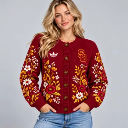 Usc Trojans | Premium NCAA Women's Elegant Botanical Floral Print Button Up Knit Cardigan Sweater NDN