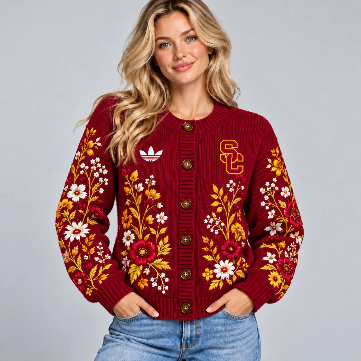 Usc Trojans | Premium NCAA Women's Elegant Botanical Floral Print Button Up Knit Cardigan Sweater NDN