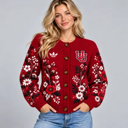Utah Utes | Premium NCAA Women's Elegant Botanical Floral Print Button Up Knit Cardigan Sweater NDN