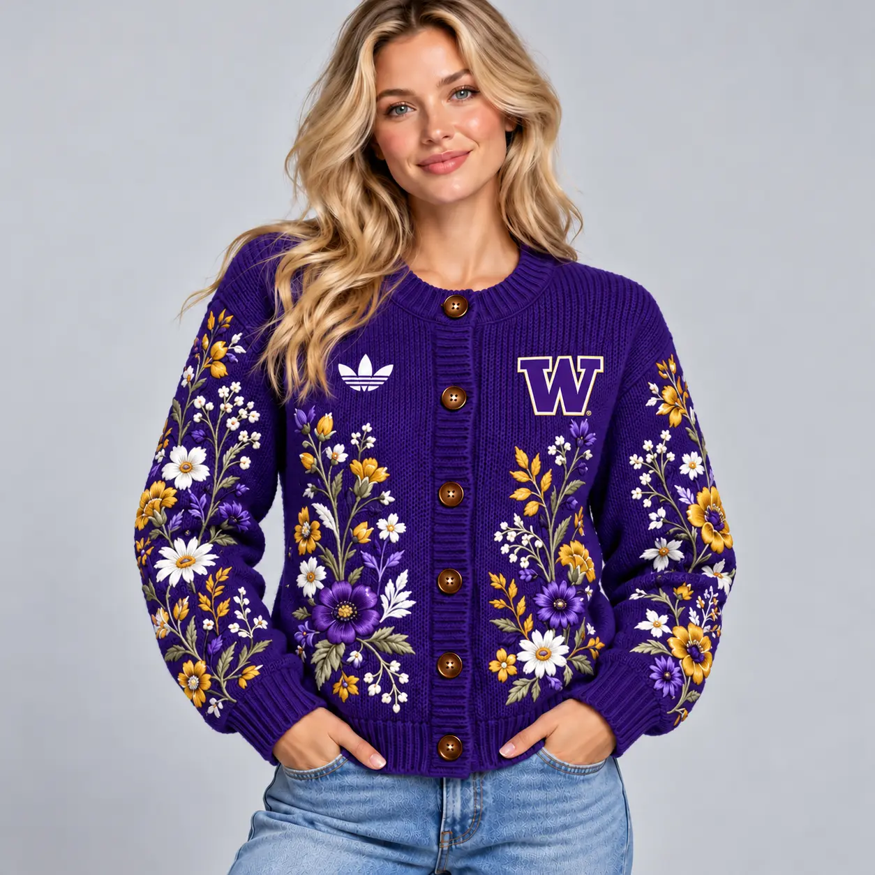Washington Huskies | Premium NCAA Women's Elegant Botanical Floral Print Button Up Knit Cardigan Sweater NDN