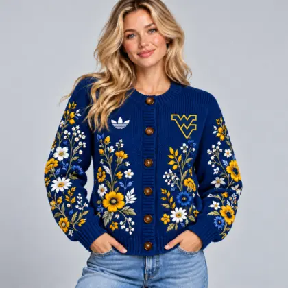 West Virginia Mountaineers | Premium NCAA Women's Elegant Botanical Floral Print Button Up Knit Cardigan Sweater NDN
