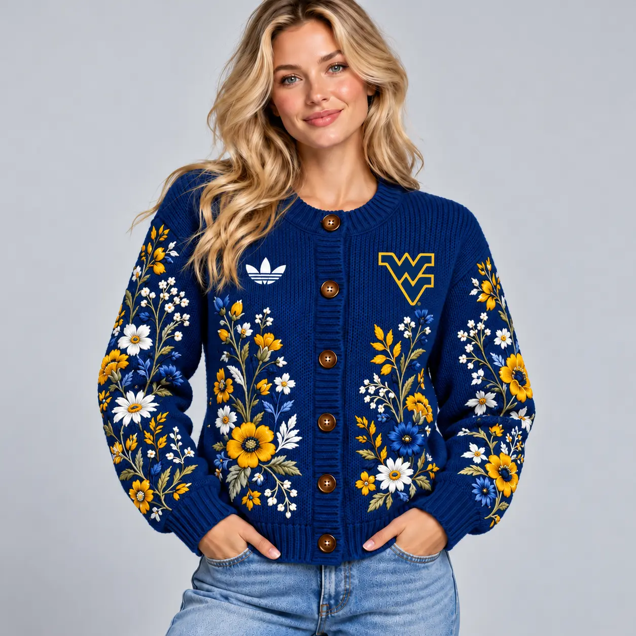 West Virginia Mountaineers | Premium NCAA Women's Elegant Botanical Floral Print Button Up Knit Cardigan Sweater NDN