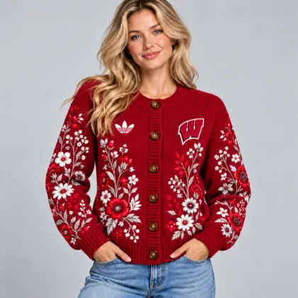 Wisconsin Badgers | Premium NCAA Women's Elegant Botanical Floral Print Button Up Knit Cardigan Sweater NDN