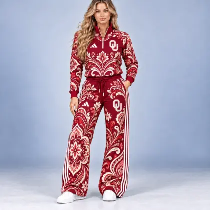 Alabama Crimson Tide | Premium NCAA Women's Ornamental Floral Quarter Zip Pullover Sweatshirt And Wide Leg Track Pants Set NDN