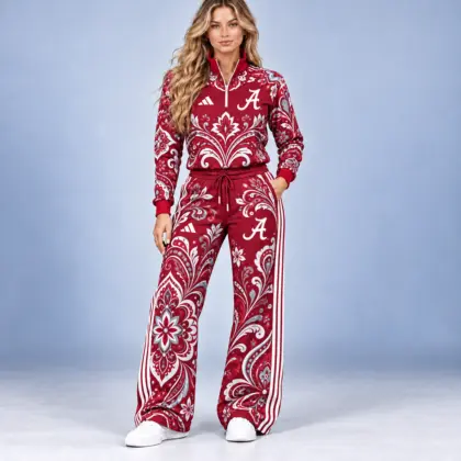 Alabama Crimson Tide | Premium NCAA Women's Ornamental Floral Quarter Zip Pullover Sweatshirt And Wide Leg Track Pants Set NDN