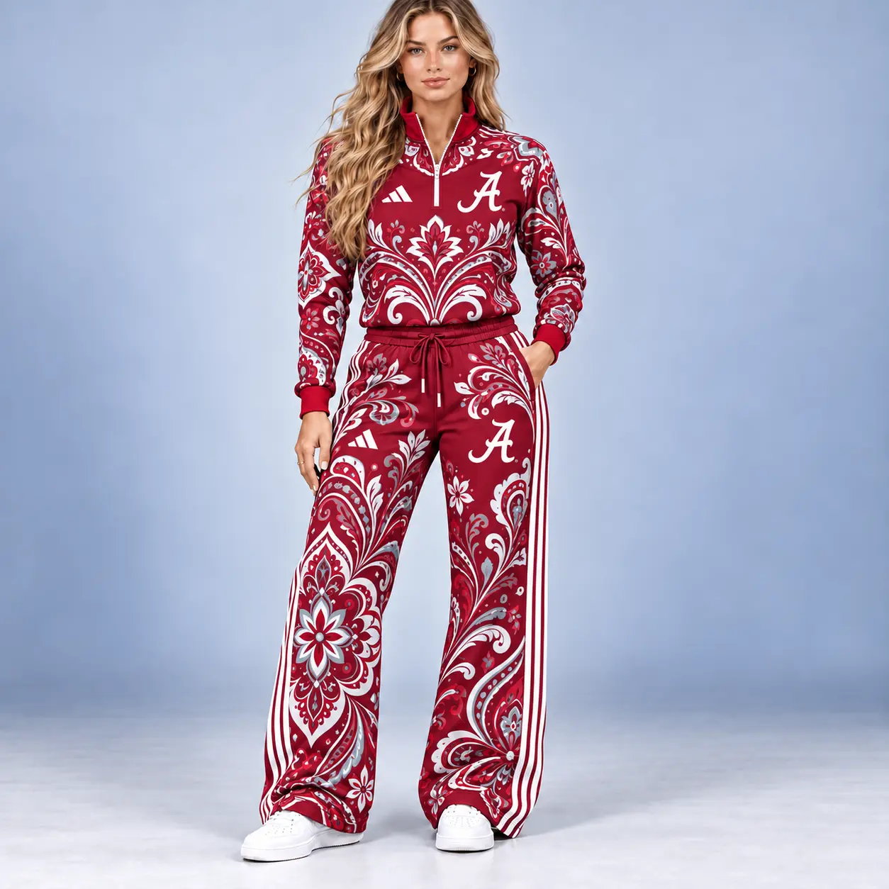 Alabama Crimson Tide | Premium NCAA Women's Ornamental Floral Quarter Zip Pullover Sweatshirt And Wide Leg Track Pants Set NDN