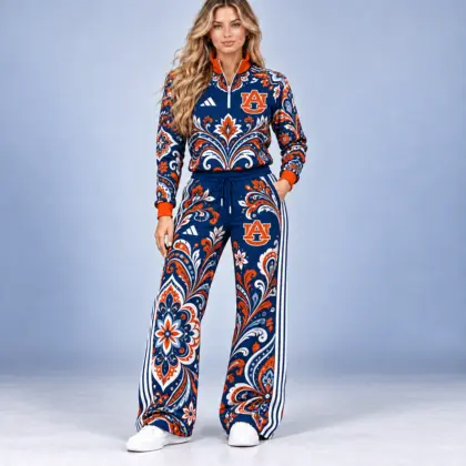 Auburn Tigers | Premium NCAA Women's Ornamental Floral Quarter Zip Pullover Sweatshirt And Wide Leg Track Pants Set NDN