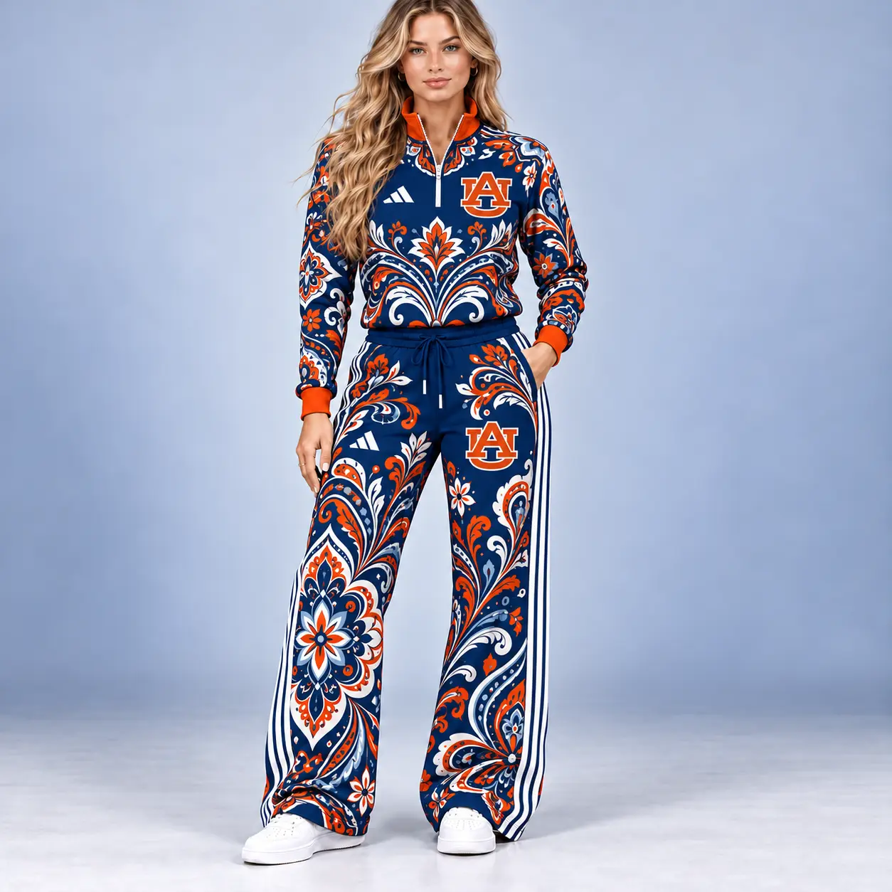 Auburn Tigers | Premium NCAA Women's Ornamental Floral Quarter Zip Pullover Sweatshirt And Wide Leg Track Pants Set NDN