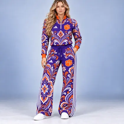 Clemson Tigers | Premium NCAA Women's Ornamental Floral Quarter Zip Pullover Sweatshirt And Wide Leg Track Pants Set NDN
