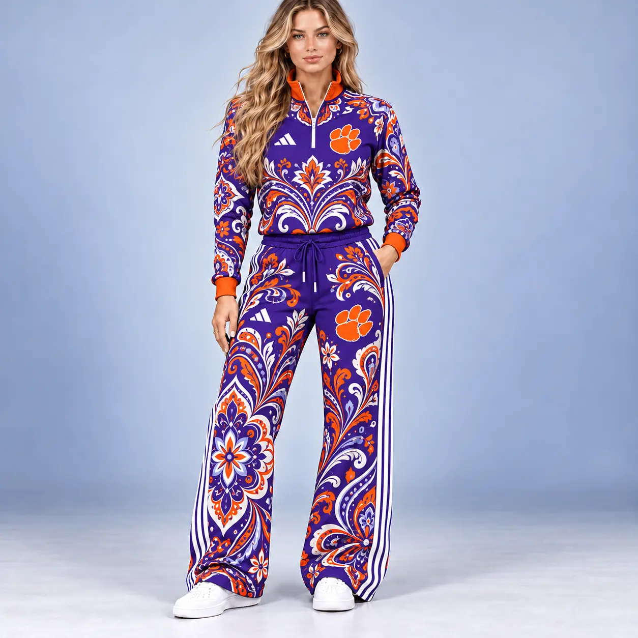 Clemson Tigers | Premium NCAA Women's Ornamental Floral Quarter Zip Pullover Sweatshirt And Wide Leg Track Pants Set NDN