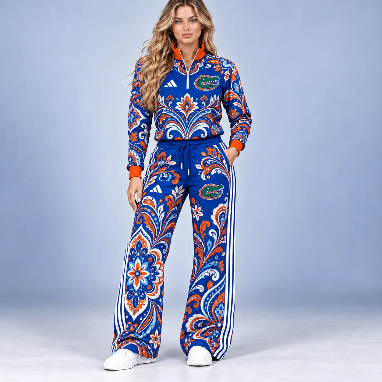 Florida Gators | Premium NCAA Women's Ornamental Floral Quarter Zip Pullover Sweatshirt And Wide Leg Track Pants Set NDN