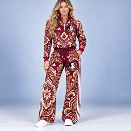 Florida State Seminoles | Premium NCAA Women's Ornamental Floral Quarter Zip Pullover Sweatshirt And Wide Leg Track Pants Set NDN