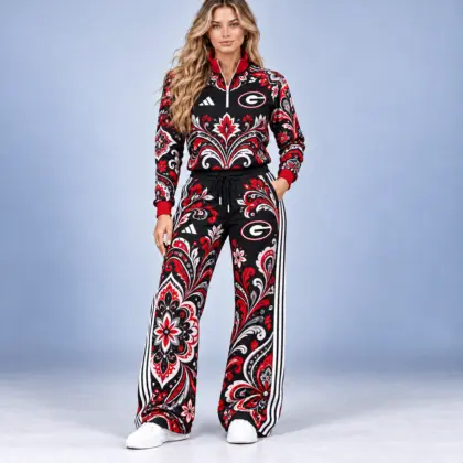 Georgia Bulldogs | Premium NCAA Women's Ornamental Floral Quarter Zip Pullover Sweatshirt And Wide Leg Track Pants Set NDN