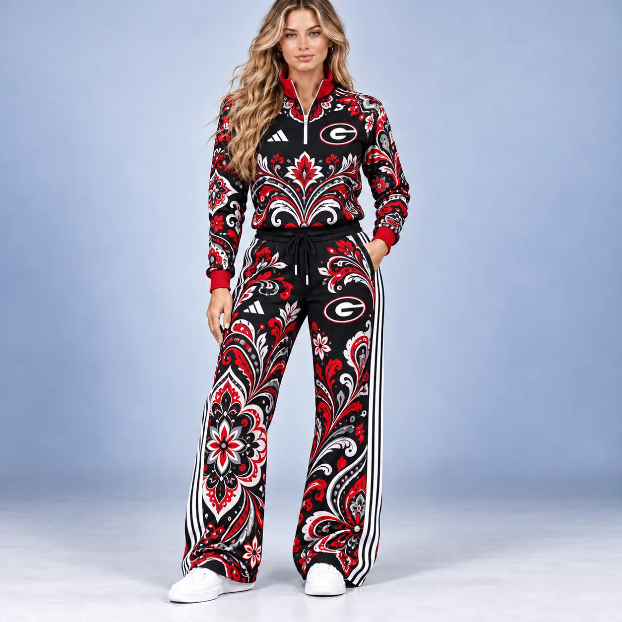 Georgia Bulldogs | Premium NCAA Women's Ornamental Floral Quarter Zip Pullover Sweatshirt And Wide Leg Track Pants Set NDN