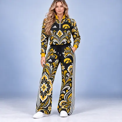 Iowa Hawkeyes | Premium NCAA Women's Ornamental Floral Quarter Zip Pullover Sweatshirt And Wide Leg Track Pants Set NDN