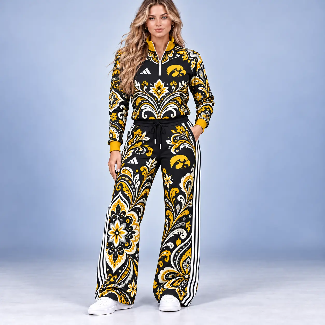 Iowa Hawkeyes | Premium NCAA Women's Ornamental Floral Quarter Zip Pullover Sweatshirt And Wide Leg Track Pants Set NDN