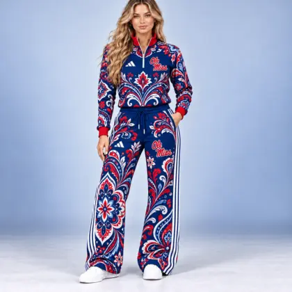 Kansas Jayhawks | Premium NCAA Women's Ornamental Floral Quarter Zip Pullover Sweatshirt And Wide Leg Track Pants Set NDN