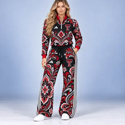 Louisville Cardinals | Premium NCAA Women's Ornamental Floral Quarter Zip Pullover Sweatshirt And Wide Leg Track Pants Set NDN