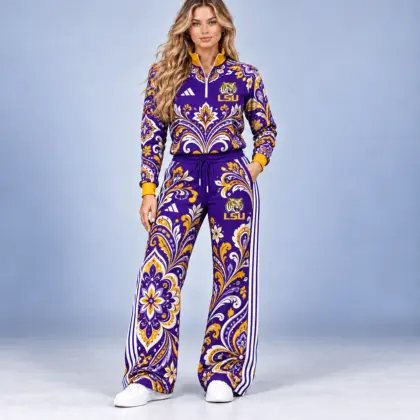 Lsu Tigers | Premium NCAA Women's Ornamental Floral Quarter Zip Pullover Sweatshirt And Wide Leg Track Pants Set NDN