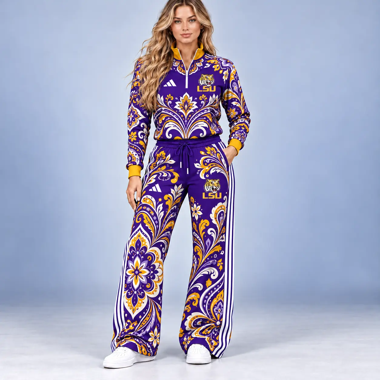 Lsu Tigers | Premium NCAA Women's Ornamental Floral Quarter Zip Pullover Sweatshirt And Wide Leg Track Pants Set NDN