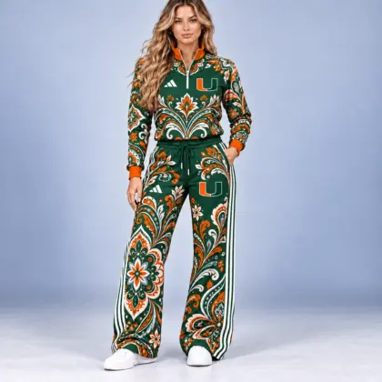 Miami Hurricanes | Premium NCAA Women's Ornamental Floral Quarter Zip Pullover Sweatshirt And Wide Leg Track Pants Set NDN
