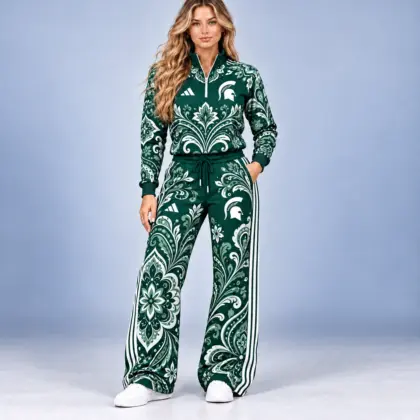 Michigan State Spartans | Premium NCAA Women's Ornamental Floral Quarter Zip Pullover Sweatshirt And Wide Leg Track Pants Set NDN