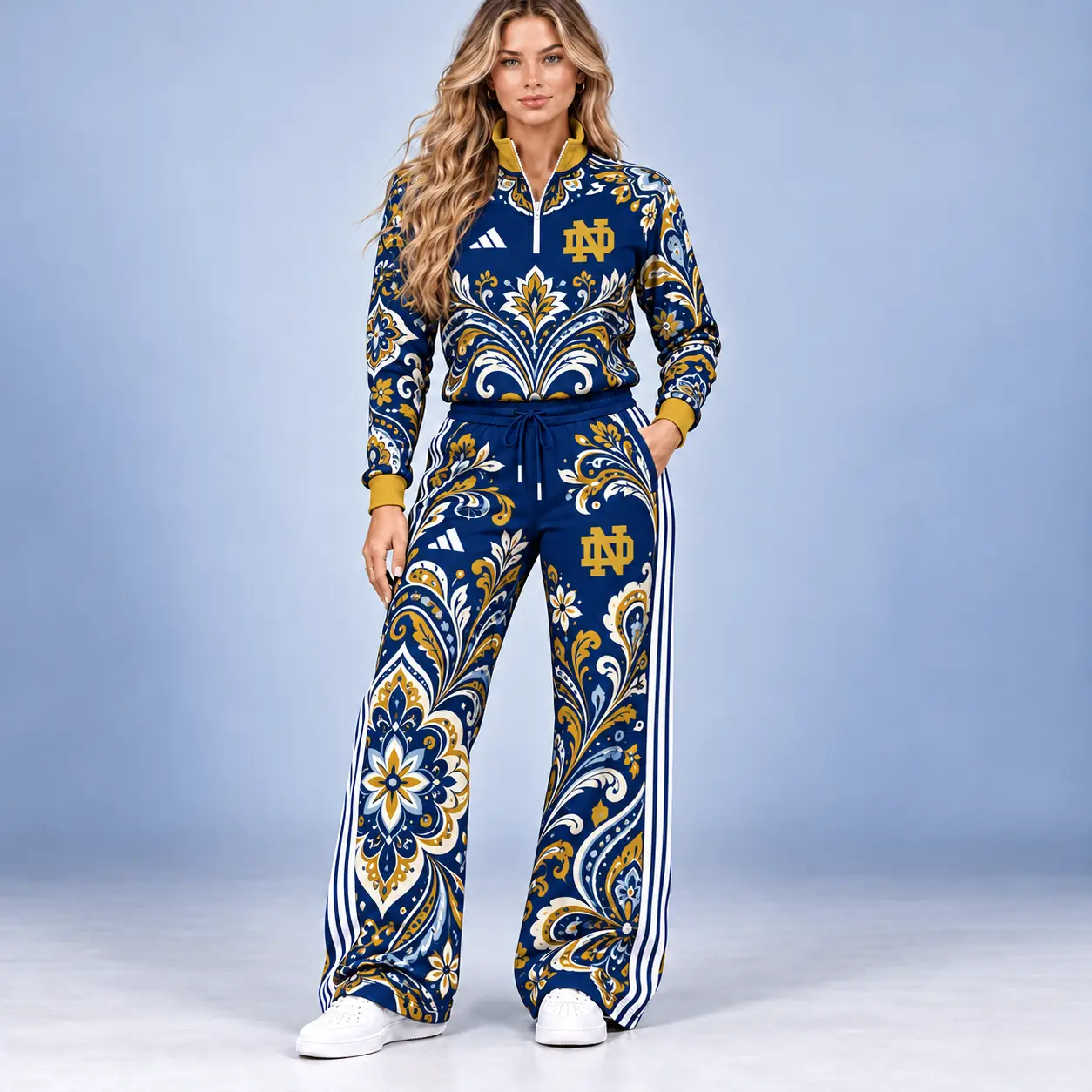 Michigan Wolverines | Premium NCAA Women's Ornamental Floral Quarter Zip Pullover Sweatshirt And Wide Leg Track Pants Set NDN