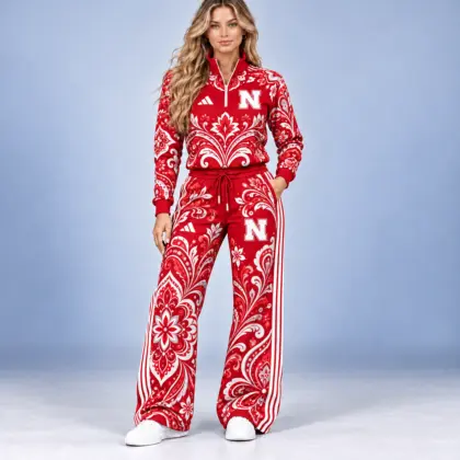 Nebraska Cornhuskers | Premium NCAA Women's Ornamental Floral Quarter Zip Pullover Sweatshirt And Wide Leg Track Pants Set NDN