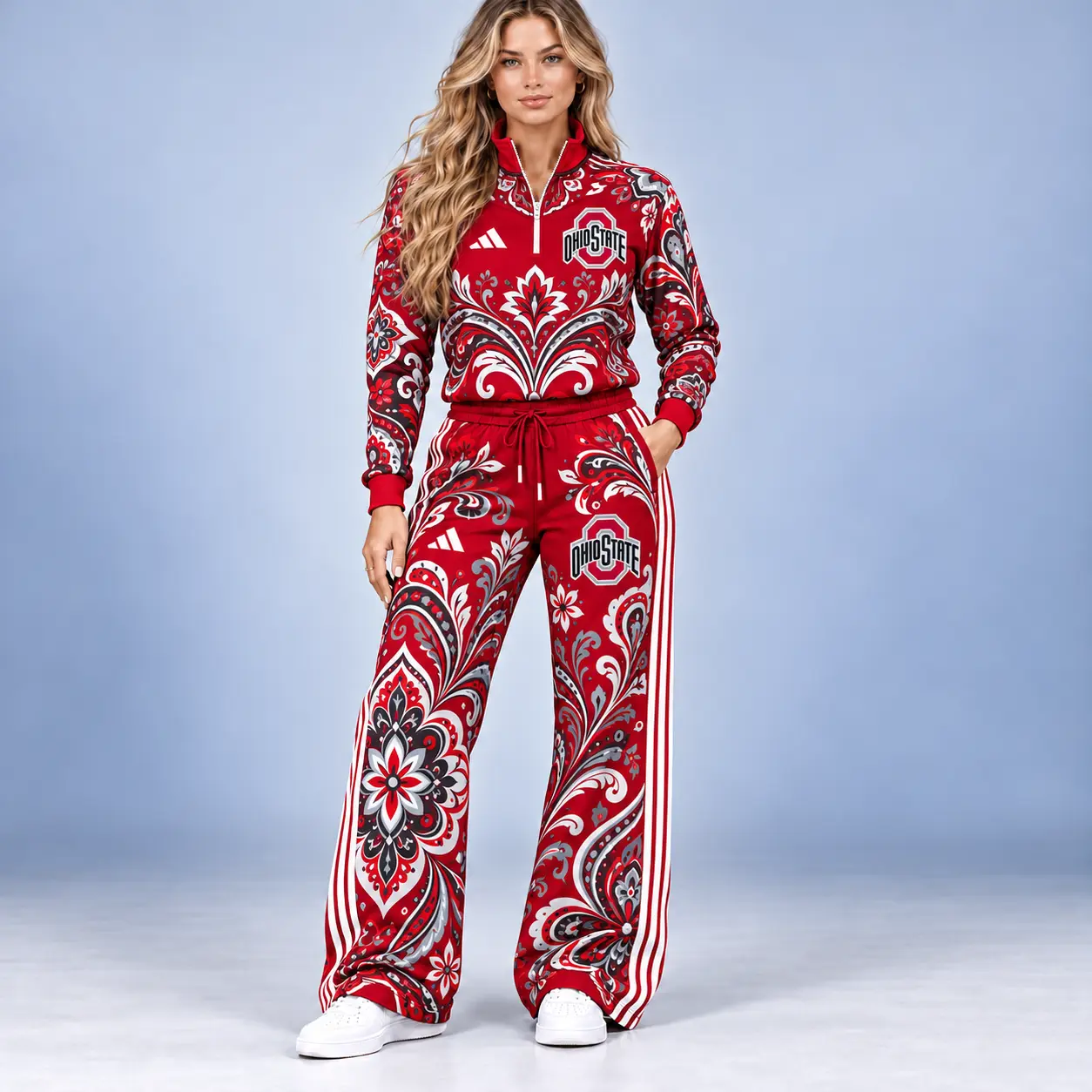 Ohio State Buckeyes | Premium NCAA Women's Ornamental Floral Quarter Zip Pullover Sweatshirt And Wide Leg Track Pants Set NDN