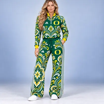 Oregon Ducks | Premium NCAA Women's Ornamental Floral Quarter Zip Pullover Sweatshirt And Wide Leg Track Pants Set NDN