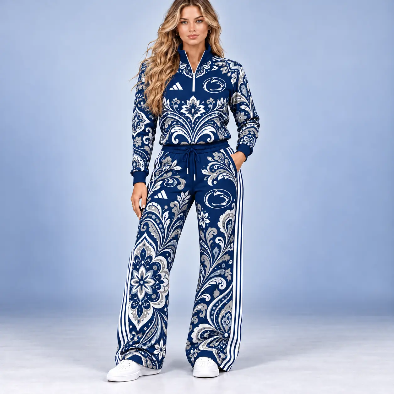 Penn State Nittany Lions | Premium NCAA Women's Ornamental Floral Quarter Zip Pullover Sweatshirt And Wide Leg Track Pants Set NDN