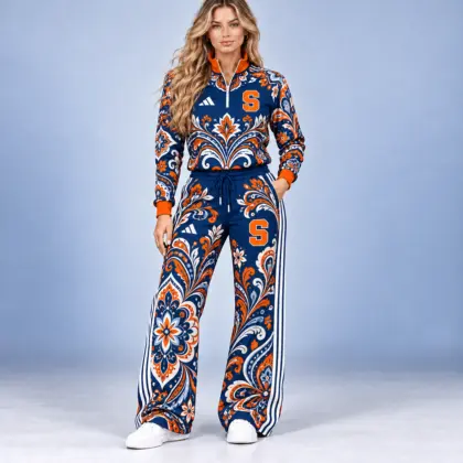 Syracuse Orange | Premium NCAA Women's Ornamental Floral Quarter Zip Pullover Sweatshirt And Wide Leg Track Pants Set NDN