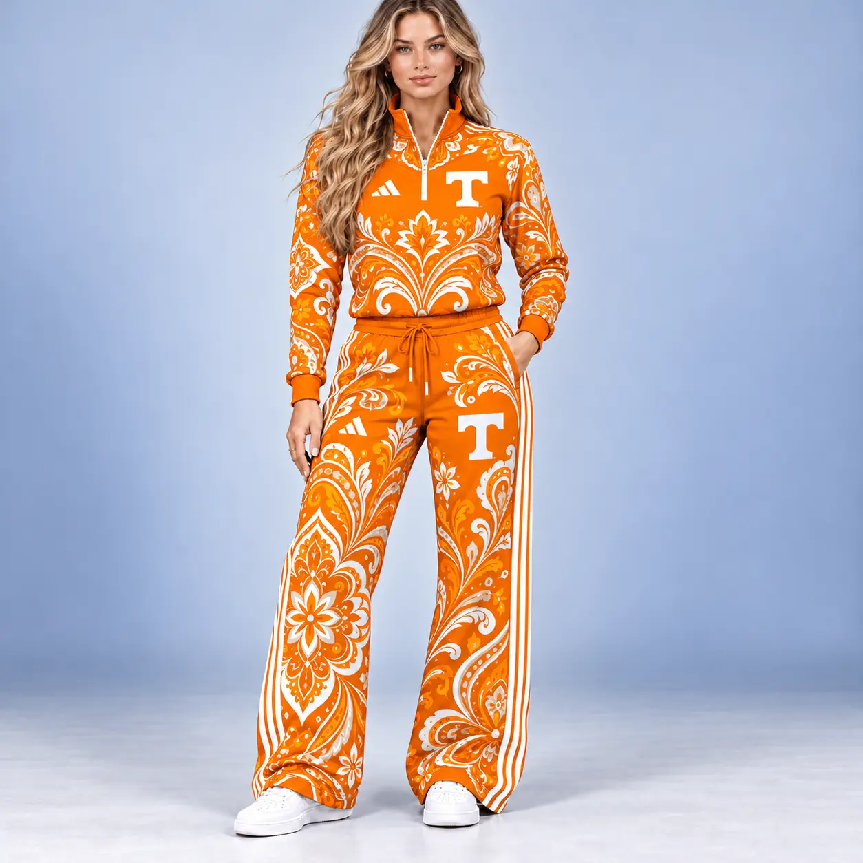 Tennessee Volunteers | Premium NCAA Women's Ornamental Floral Quarter Zip Pullover Sweatshirt And Wide Leg Track Pants Set NDN