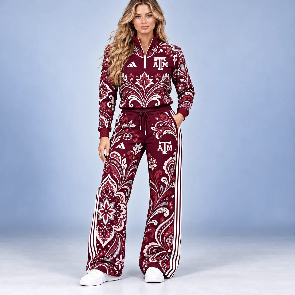 Texas A&m Aggies | Premium NCAA Women's Ornamental Floral Quarter Zip Pullover Sweatshirt And Wide Leg Track Pants Set NDN