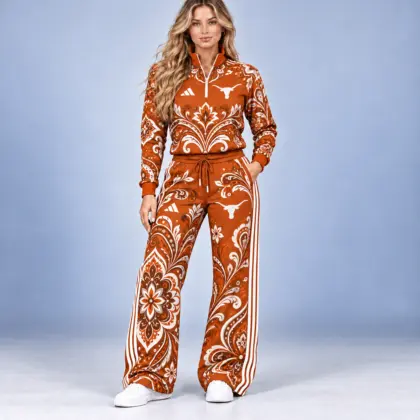 Texas Longhorns | Premium NCAA Women's Ornamental Floral Quarter Zip Pullover Sweatshirt And Wide Leg Track Pants Set NDN
