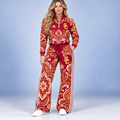 Usc Trojans | Premium NCAA Women's Ornamental Floral Quarter Zip Pullover Sweatshirt And Wide Leg Track Pants Set NDN