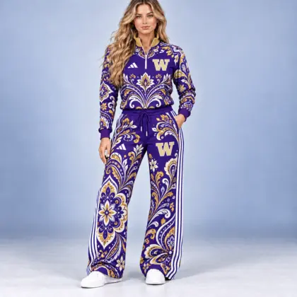 Washington Huskies | Premium NCAA Women's Ornamental Floral Quarter Zip Pullover Sweatshirt And Wide Leg Track Pants Set NDN