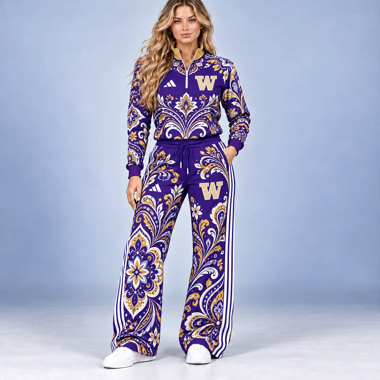 Washington Huskies | Premium NCAA Women's Ornamental Floral Quarter Zip Pullover Sweatshirt And Wide Leg Track Pants Set NDN