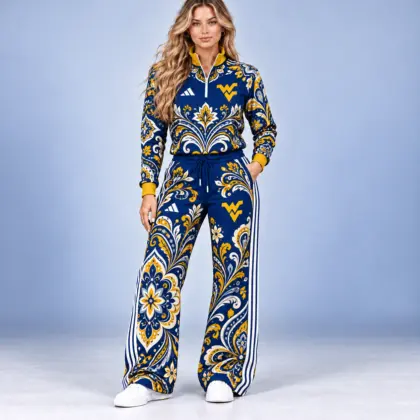 West Virginia Mountaineers | Premium NCAA Women's Ornamental Floral Quarter Zip Pullover Sweatshirt And Wide Leg Track Pants Set NDN