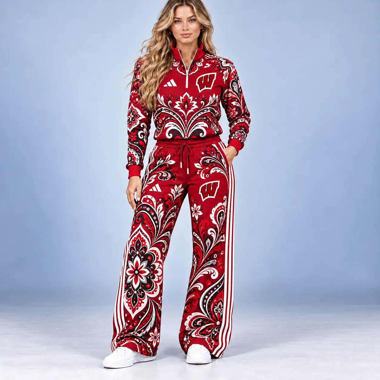 Wisconsin Badgers | Premium NCAA Women's Ornamental Floral Quarter Zip Pullover Sweatshirt And Wide Leg Track Pants Set NDN