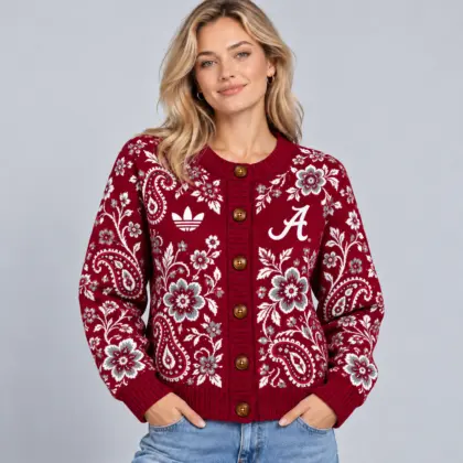 Alabama Crimson Tide | Premium NCAA Women's Classic Paisley Floral Jacquard Button Up Knit Cardigan Sweater NDN
