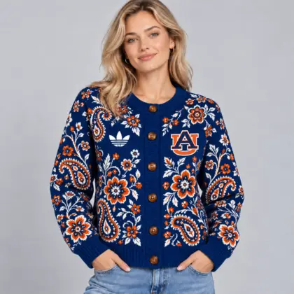 Auburn Tigers | Premium NCAA Women's Classic Paisley Floral Jacquard Button Up Knit Cardigan Sweater NDN