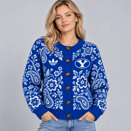 Byu Cougars | Premium NCAA Women's Classic Paisley Floral Jacquard Button Up Knit Cardigan Sweater NDN