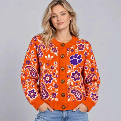 Clemson Tigers | Premium NCAA Women's Classic Paisley Floral Jacquard Button Up Knit Cardigan Sweater NDN