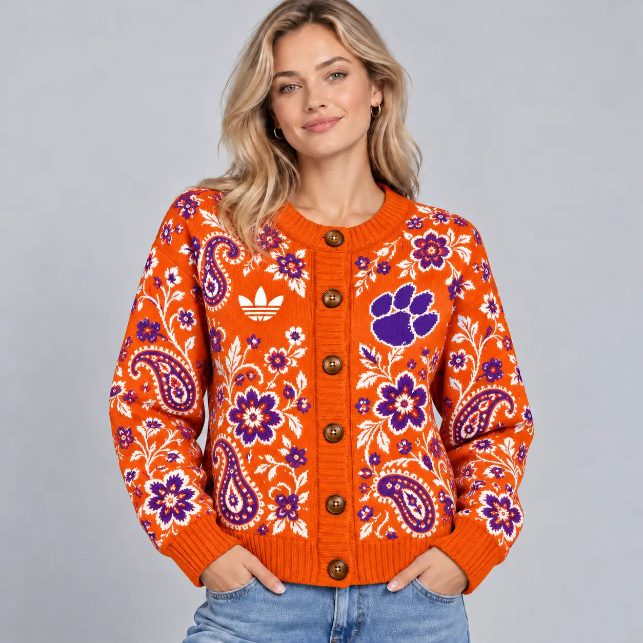 Clemson Tigers | Premium NCAA Women's Classic Paisley Floral Jacquard Button Up Knit Cardigan Sweater NDN
