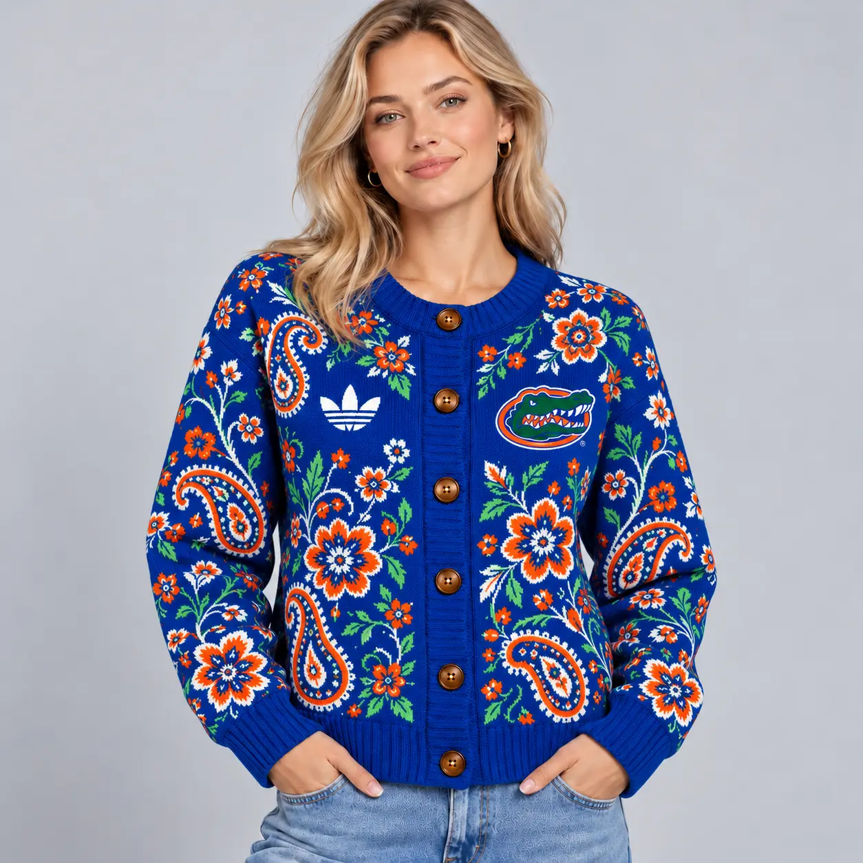 Florida Gators | Premium NCAA Women's Classic Paisley Floral Jacquard Button Up Knit Cardigan Sweater NDN