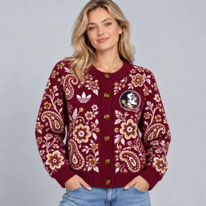 Florida State Seminoles | Premium NCAA Women's Classic Paisley Floral Jacquard Button Up Knit Cardigan Sweater NDN