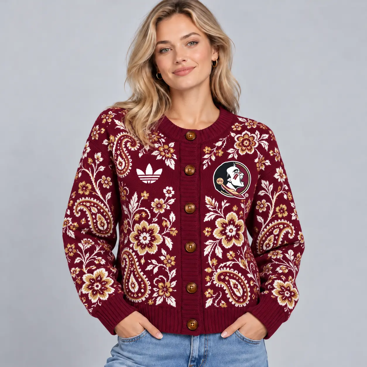 Florida State Seminoles | Premium NCAA Women's Classic Paisley Floral Jacquard Button Up Knit Cardigan Sweater NDN
