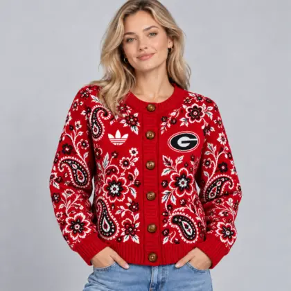 Georgia Bulldogs | Premium NCAA Women's Classic Paisley Floral Jacquard Button Up Knit Cardigan Sweater NDN